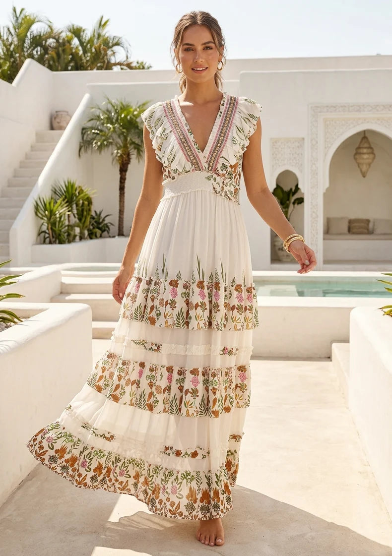 Vestido Largo de Algodón Bordado a Mano para Mujer con Cuello en V - Aina