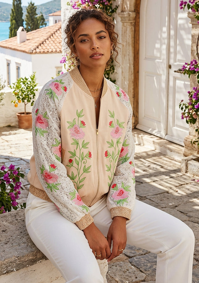 Women's a Stylish Bomber Hand Embroidery Canvas Zip Jacket - Farida