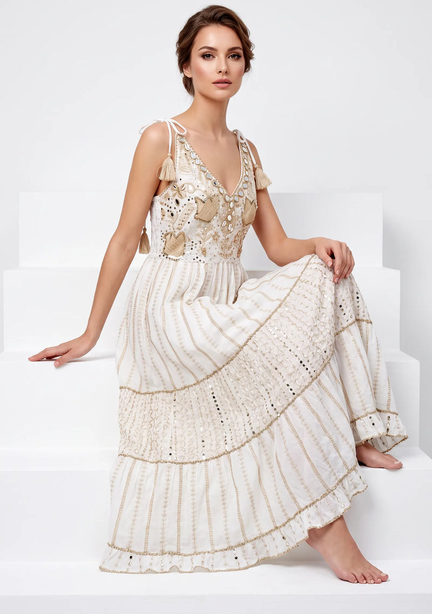 Robe longue à bretelles ibBan pour femme Basima | Broderie main | Paillettes | Taille unique
