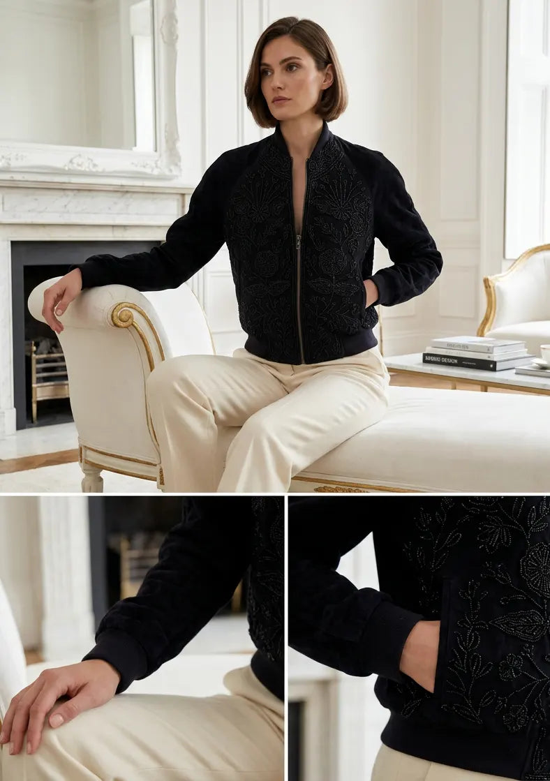 ibBan Hand Embroidered Leather Sleeve Winter Jacket | Premium Designer Outerwear - Dolly