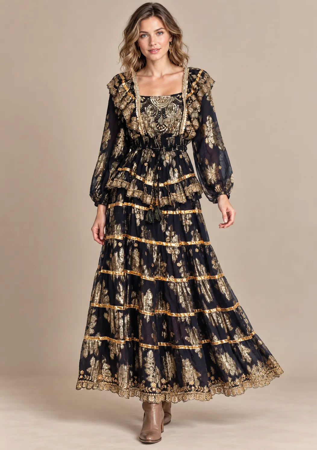 ibBan Cotton Lurex Tiered Long Dress - Chari