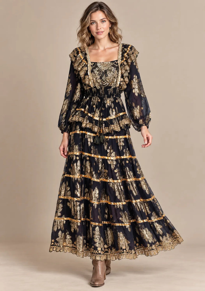 ibBan Cotton Lurex Tiered Long Dress - Chari