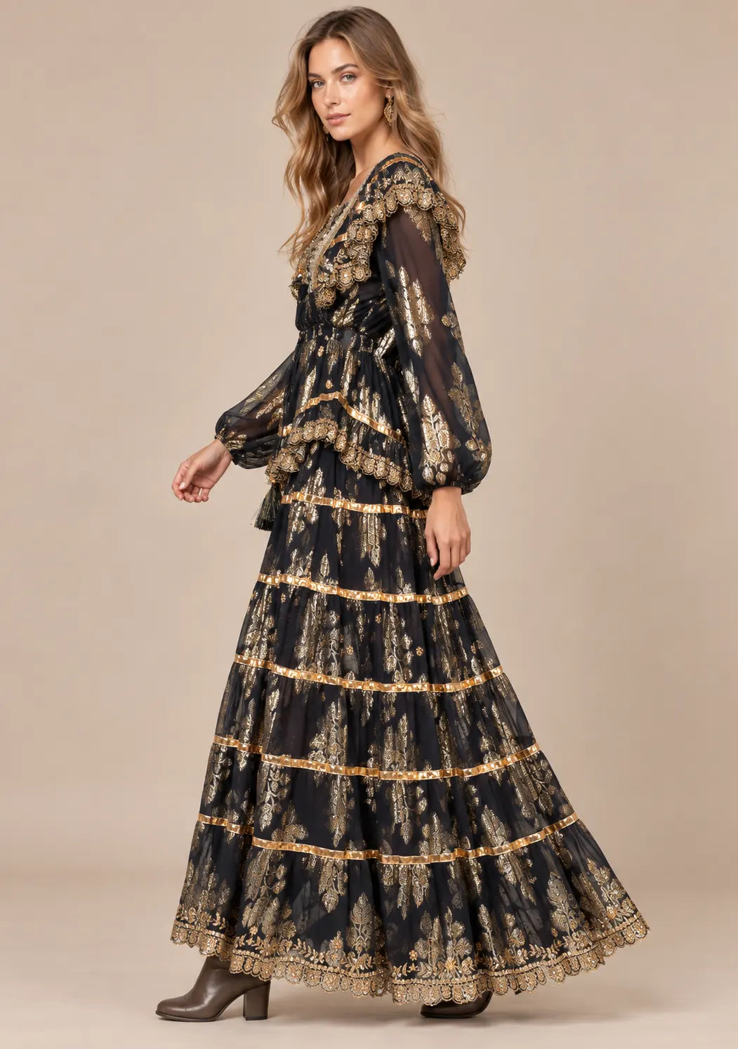 ibBan Cotton Lurex Tiered Long Dress - Chari