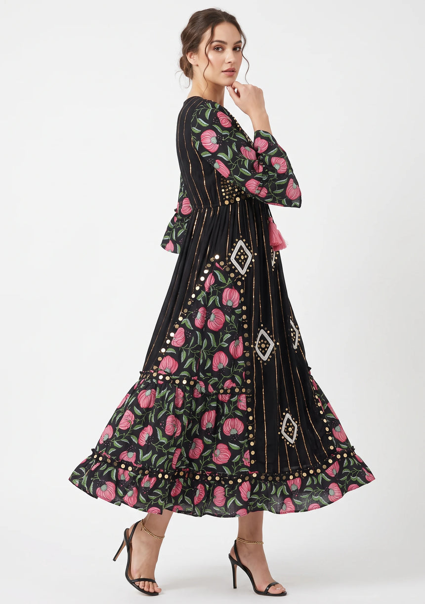 ibBan Floral Cotton Maxi Dress with Bell Sleeves - Jumani