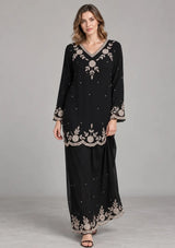 ibBan Black Georgette Kurta Palazzo Set with Hand Embroidery - Jaslyn
