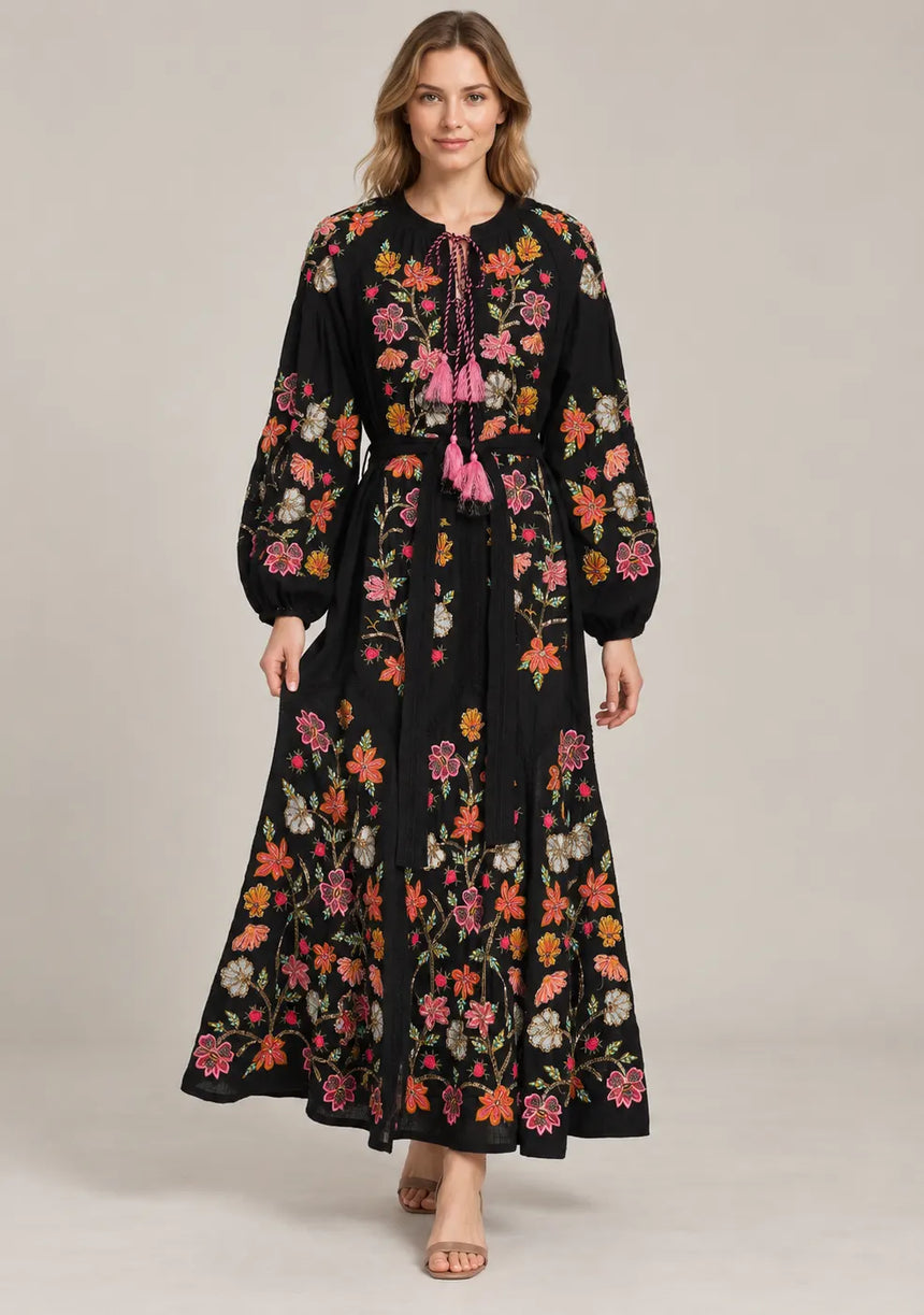 ibBan Floral Embroidered Maxi Dress with Tassel - Ravila