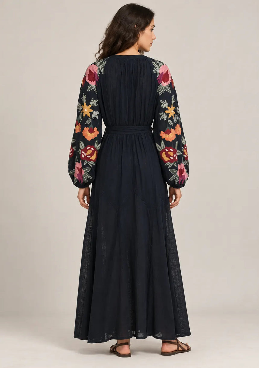 ibBan Floral Embroidered Cotton Maxi Dress with Tassel Tie - Gypsy