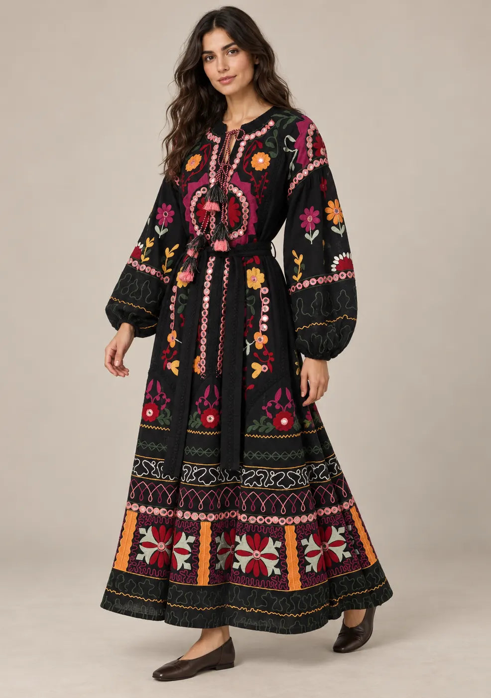 ibBanEmbroidered Cotton Maxi Dress with Tassel Tie - Hami