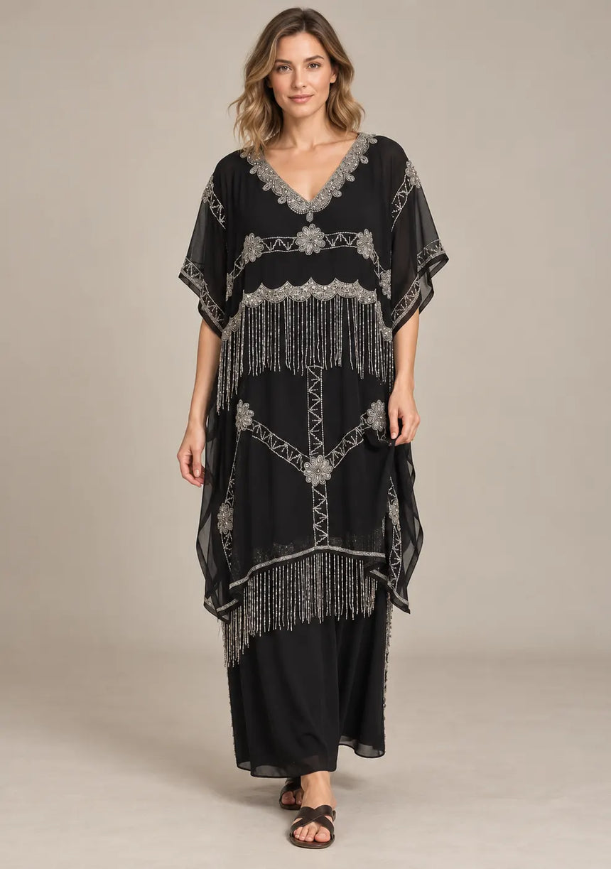 ibBan Black Georgette Kaftan Set with Hand Embroidery -Karla