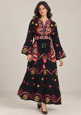 ibBan Embroidered Cotton Long Tunic Dress with Tassel Tie - Sara