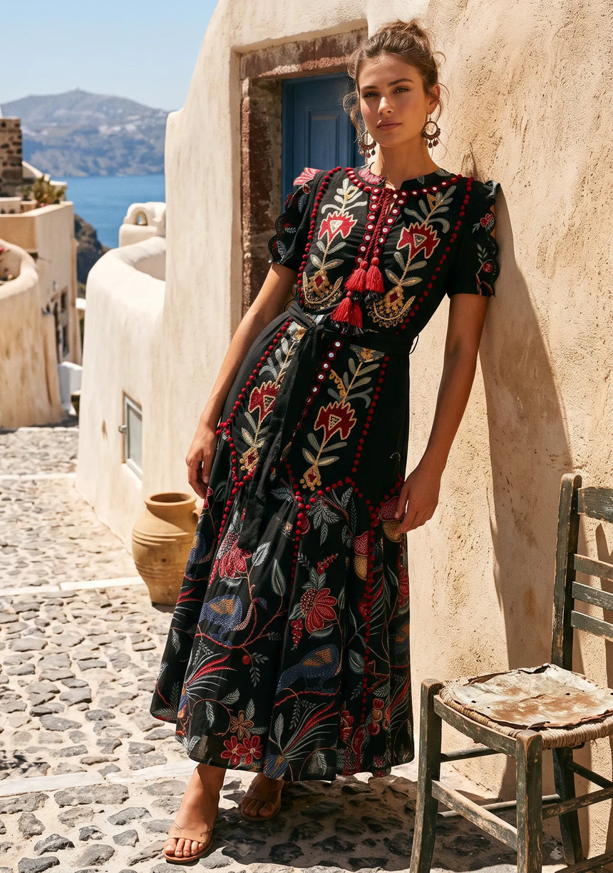 ibBan Hand-Embroidered Cotton Long Dress with Floral Print - Rasha