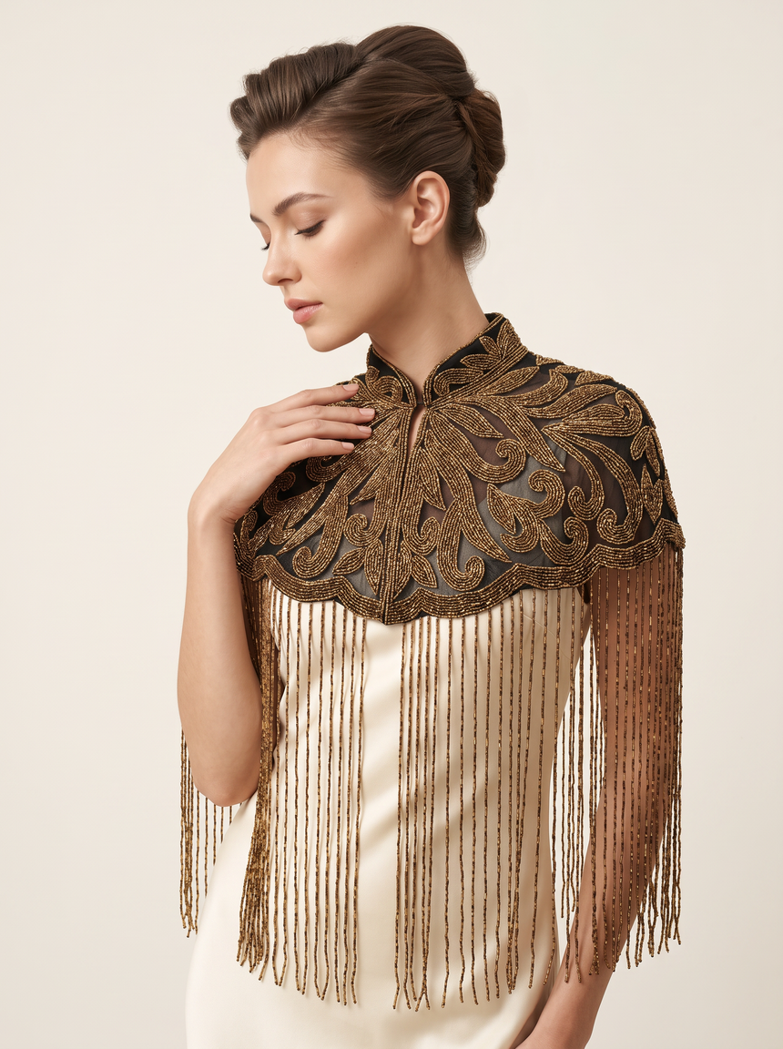 ibBan Beaded Net Neck Cape with Fringe - Linda