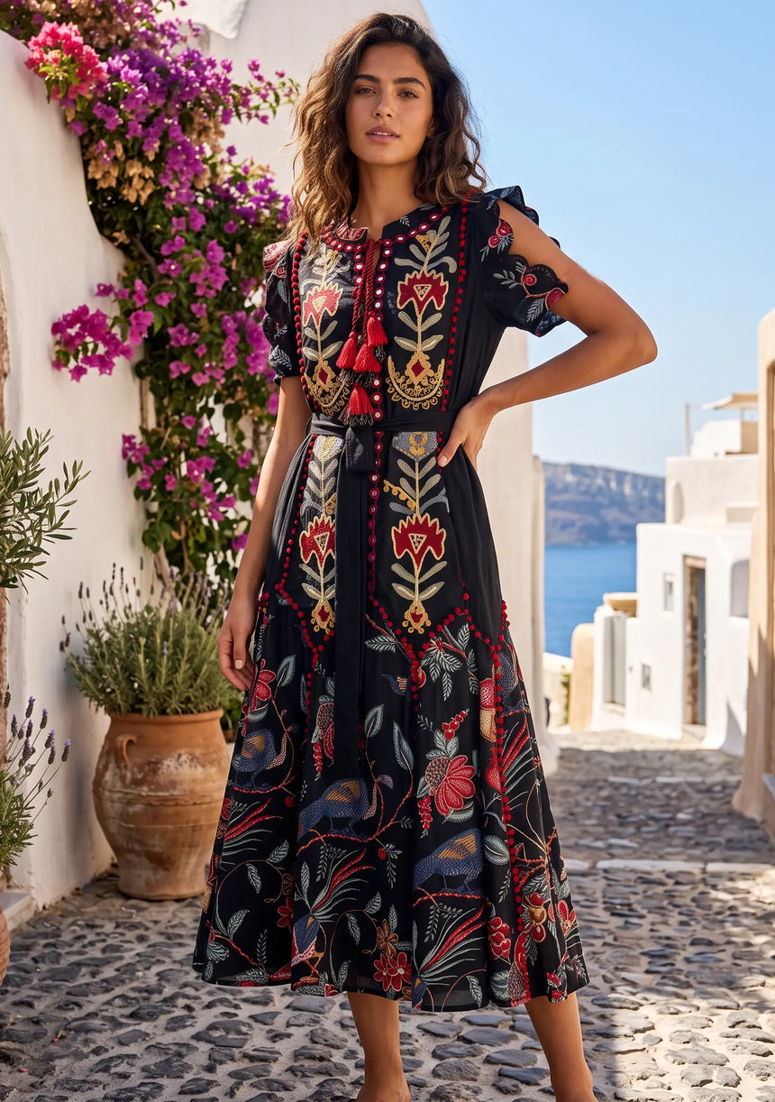 ibBan Hand-Embroidered Cotton Long Dress with Floral Print - Rasha