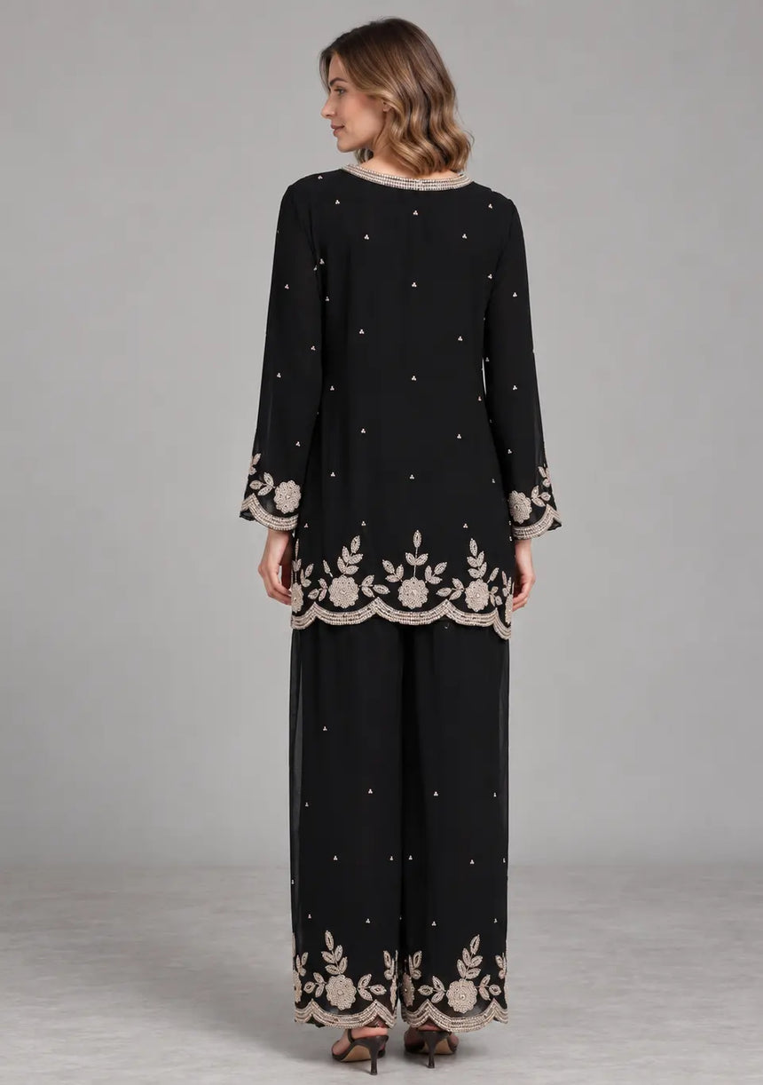 ibBan Black Georgette Kurta Palazzo Set with Hand Embroidery - Jaslyn