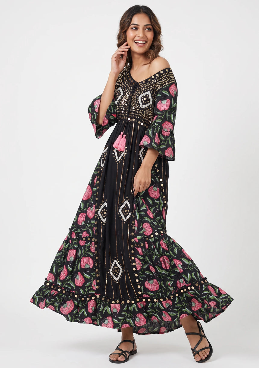 ibBan Floral Cotton Maxi Dress with Bell Sleeves - Jumani