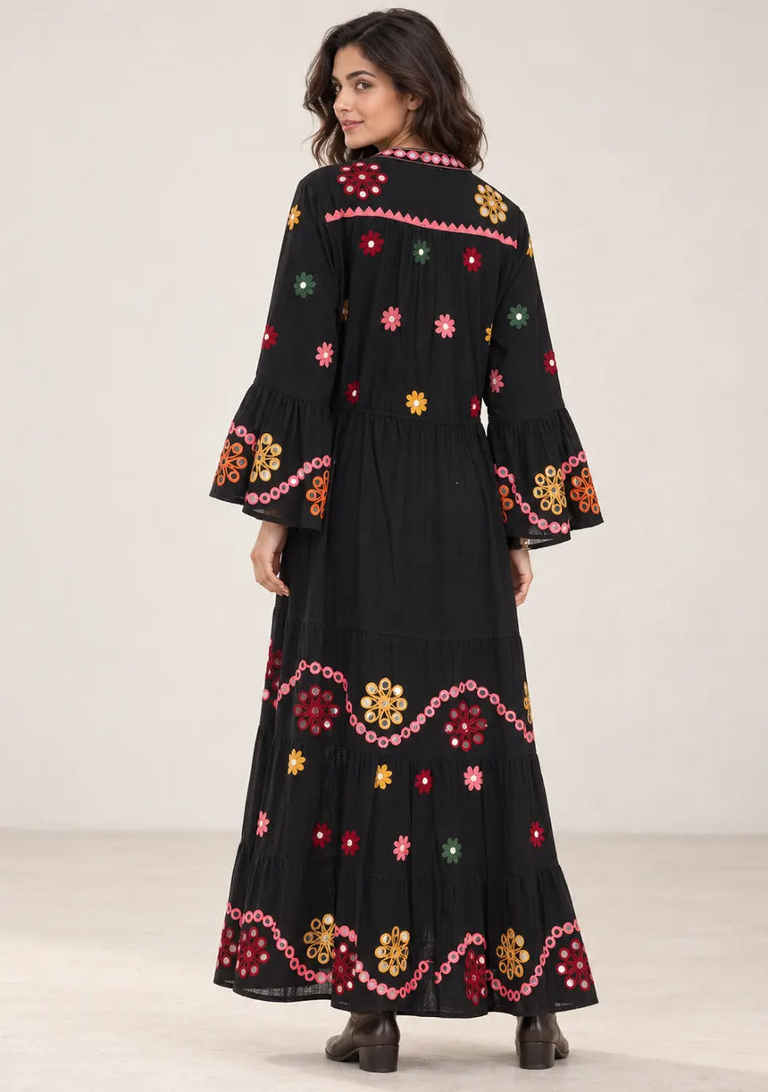 ibBan Embroidered Cotton Long Tunic Dress with Tassel Tie - Sara