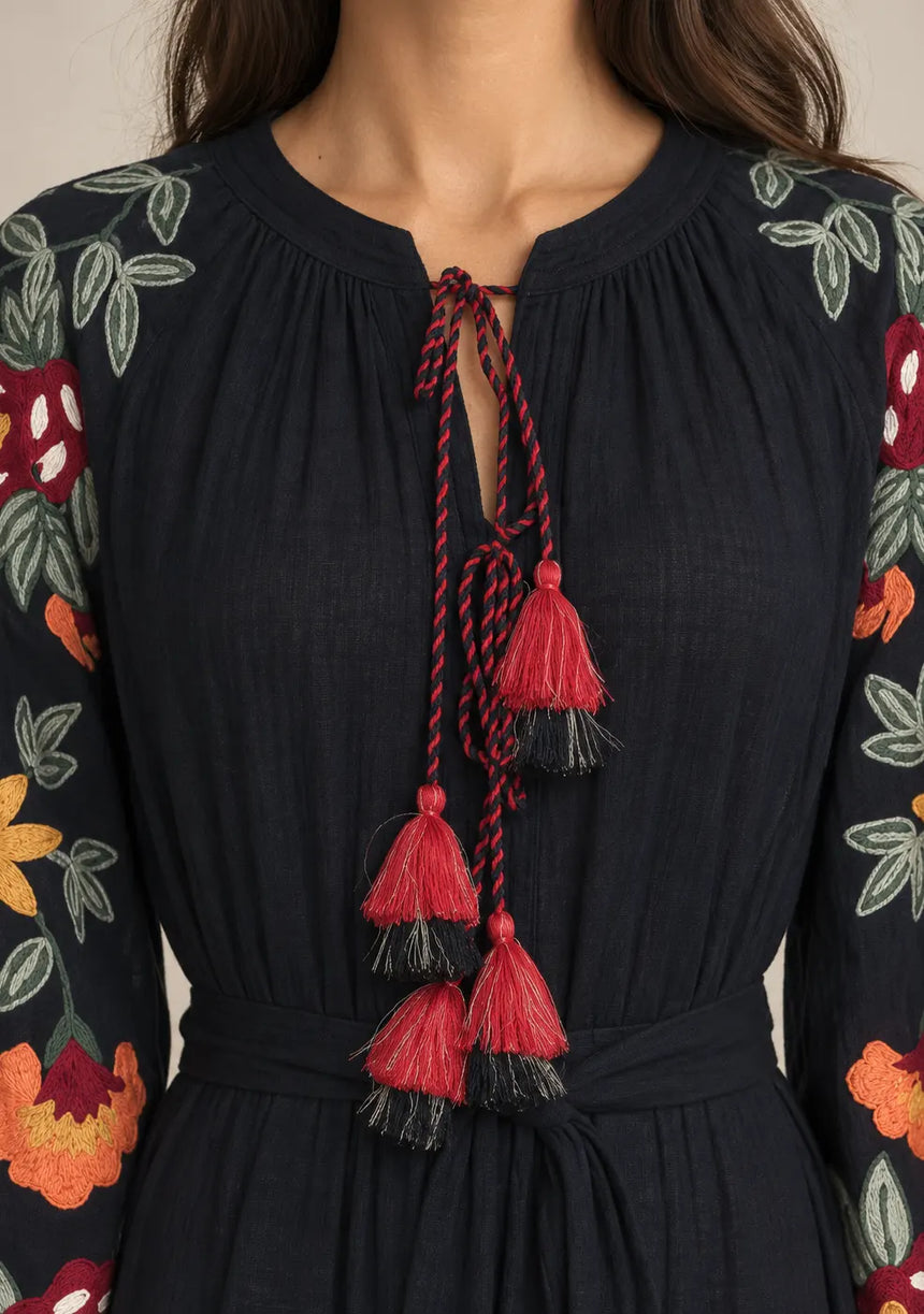 ibBan Floral Embroidered Cotton Maxi Dress with Tassel Tie - Gypsy