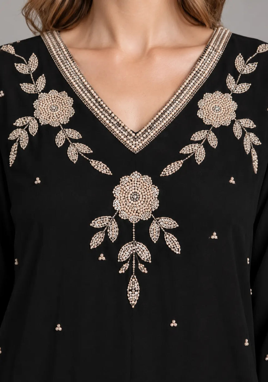 ibBan Black Georgette Kurta Palazzo Set with Hand Embroidery - Jaslyn