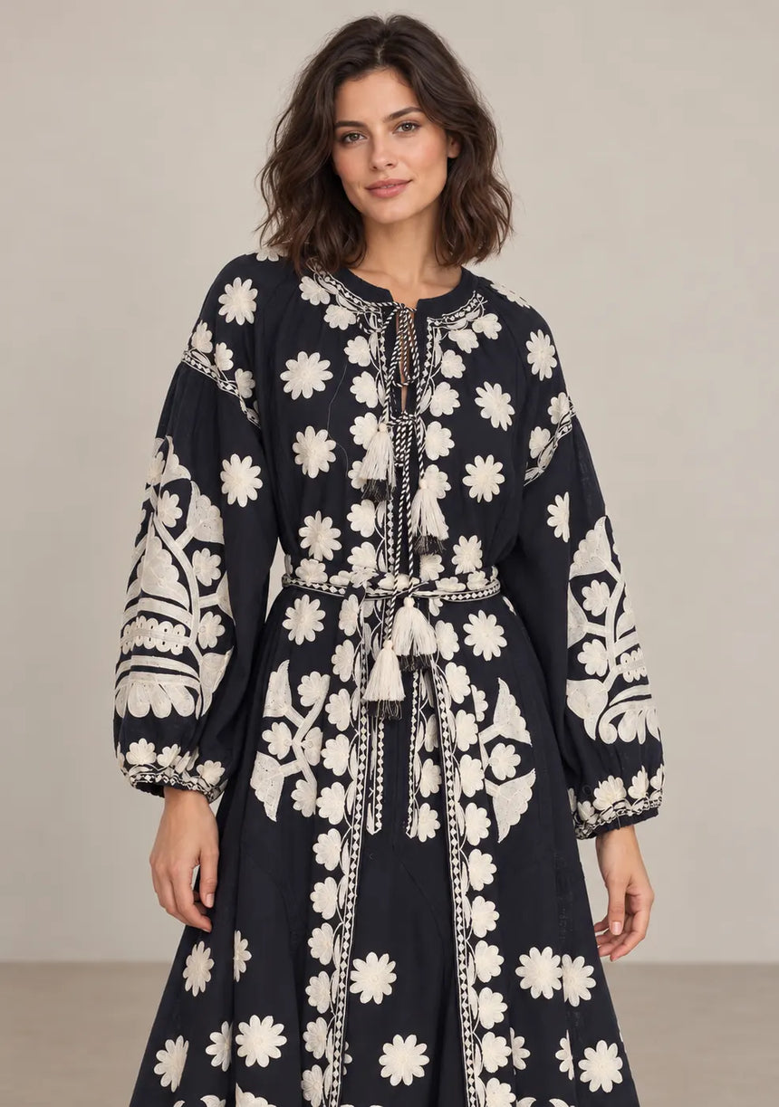 ibBan Floral Print Cotton Maxi Dress with Tassel Tie - Ayat