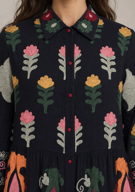 ibBan Embroidered Cotton Tiered Shirt Collor Tunic  - Ambir