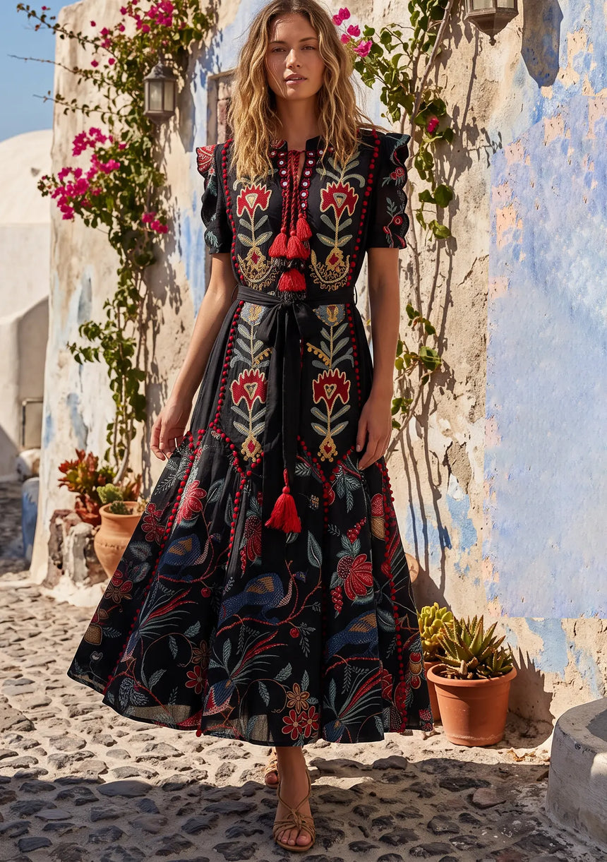 ibBan Hand-Embroidered Cotton Long Dress with Floral Print - Rasha