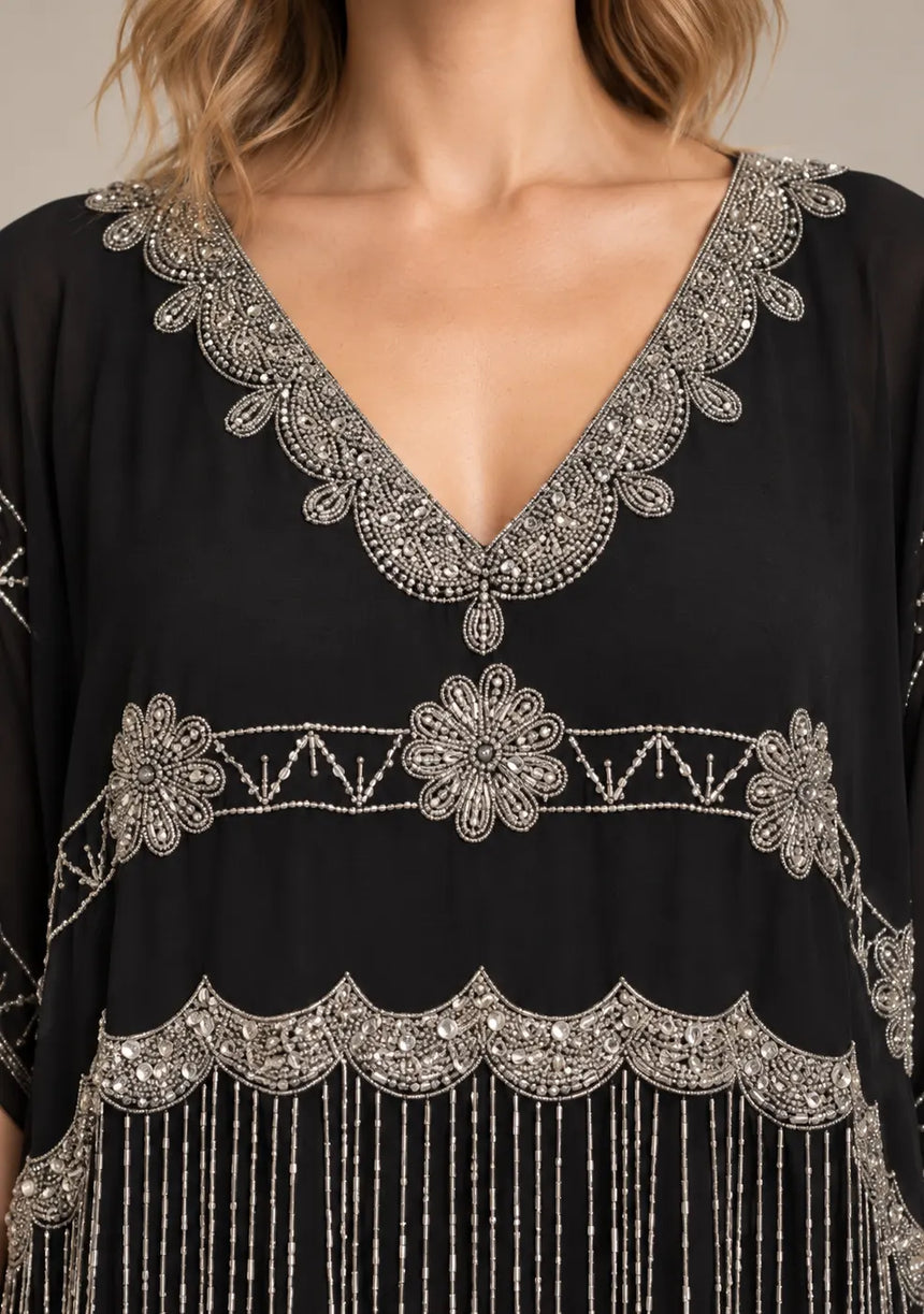 ibBan Black Georgette Kaftan Set with Hand Embroidery -Karla
