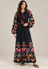 ibBan Floral Embroidered Cotton Maxi Dress with Tassel Tie - Gypsy