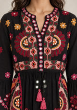 ibBan Embroidered Cotton Long Tunic Dress with Tassel Tie - Sara