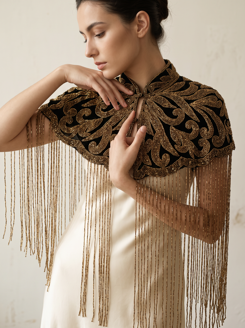 ibBan Beaded Net Neck Cape with Fringe - Linda