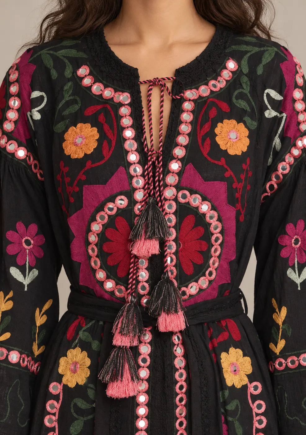 ibBanEmbroidered Cotton Maxi Dress with Tassel Tie - Hami