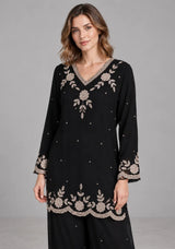 ibBan Black Georgette Kurta Palazzo Set with Hand Embroidery - Jaslyn