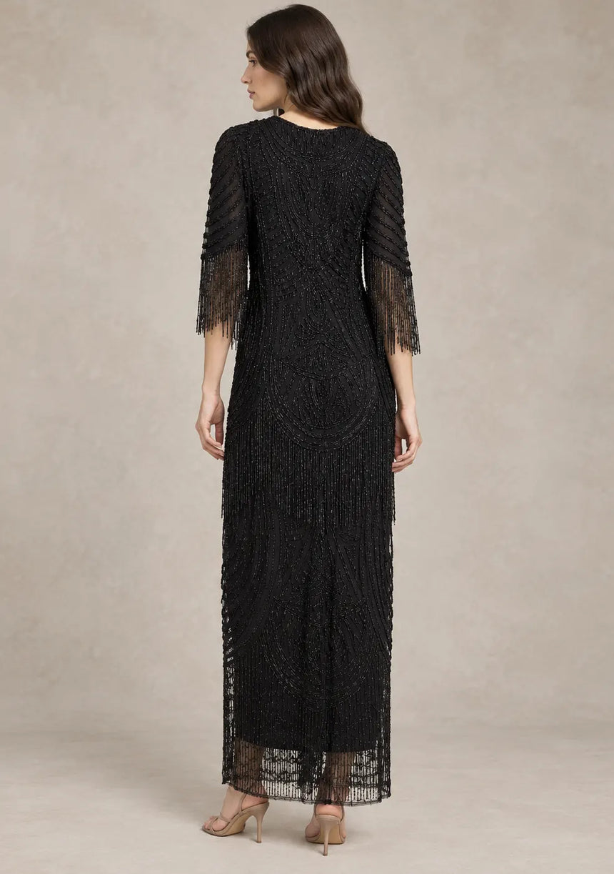 ibBan Women’s Long Dress with Hand Beadwork & Fringe Sleeves -  Esmi