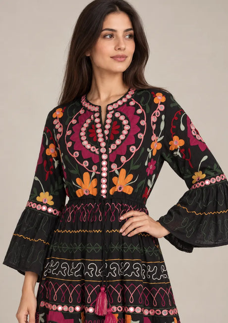 ibBan Embroidered Cotton Long Tunic with Tassel Tie - Hami