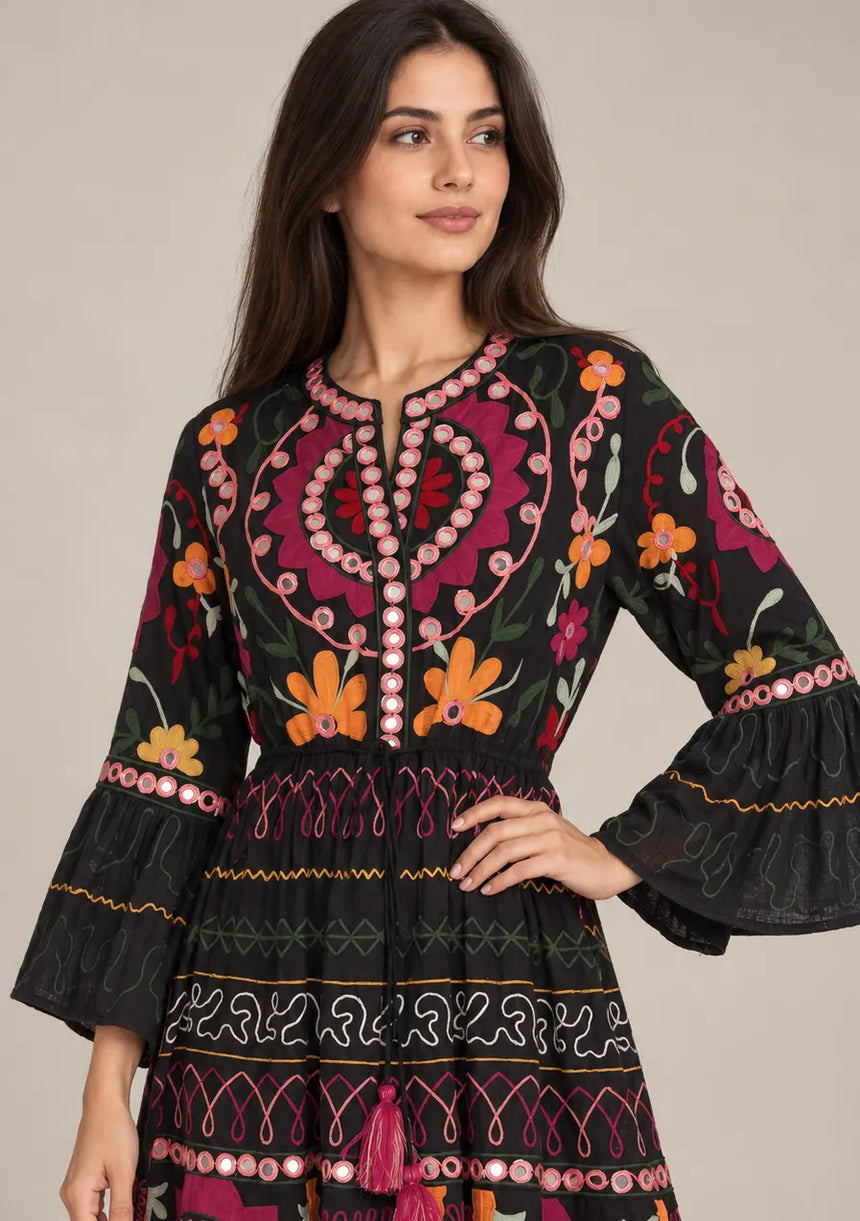 ibBan Embroidered Cotton Long Tunic with Tassel Tie - Hami