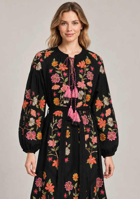 ibBan Floral Embroidered Maxi Dress with Tassel - Ravila