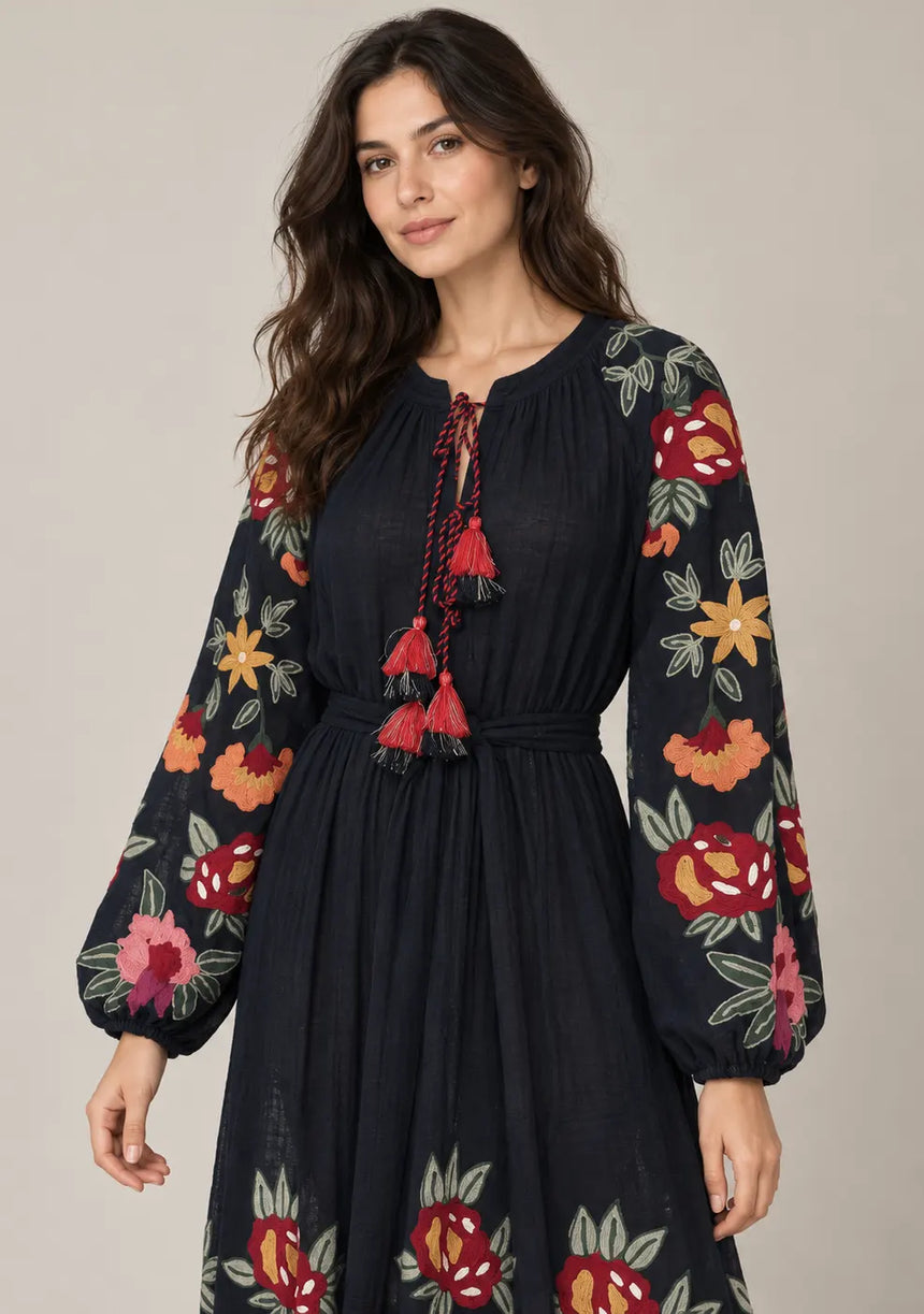 ibBan Floral Embroidered Cotton Maxi Dress with Tassel Tie - Gypsy