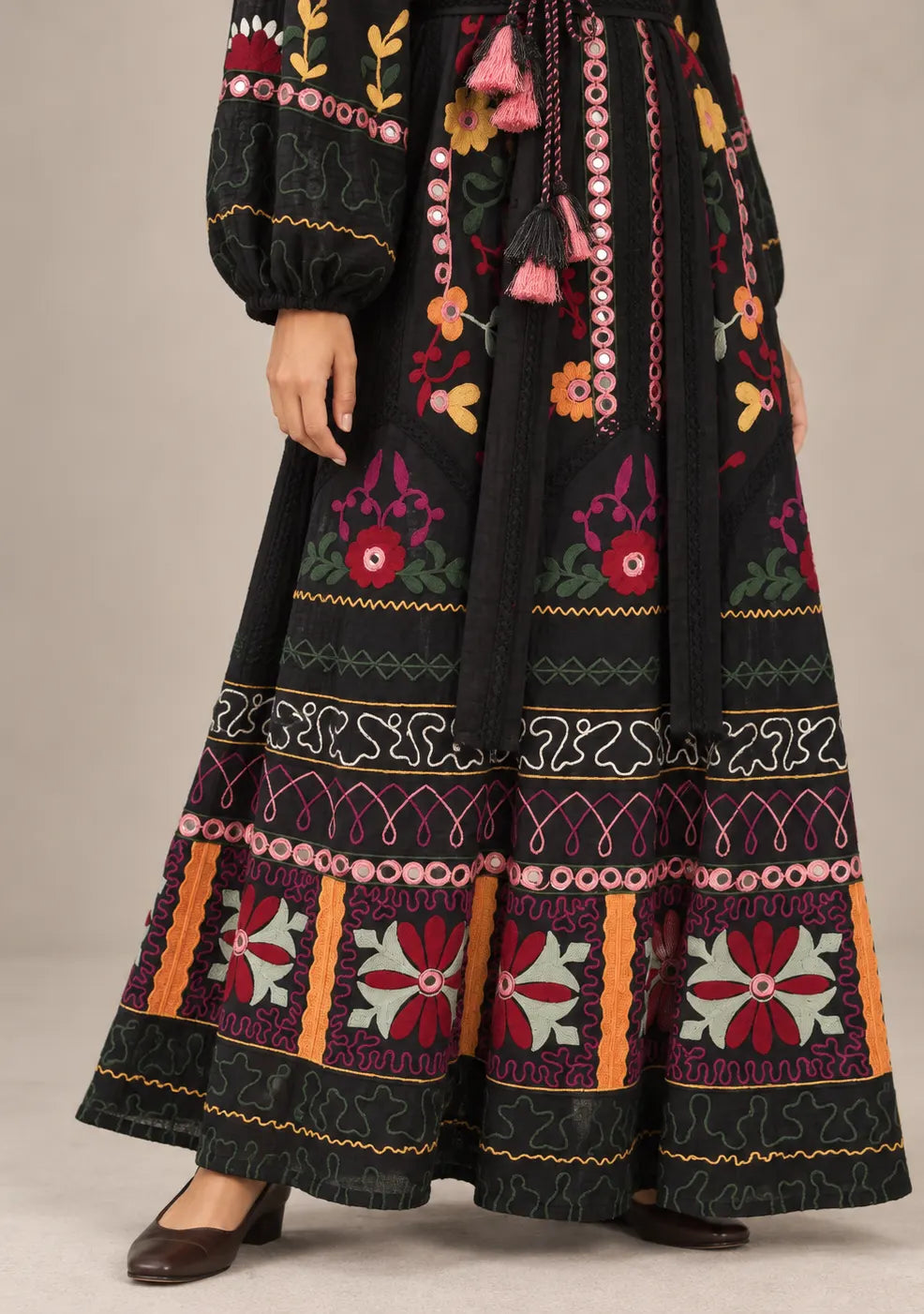 ibBanEmbroidered Cotton Maxi Dress with Tassel Tie - Hami