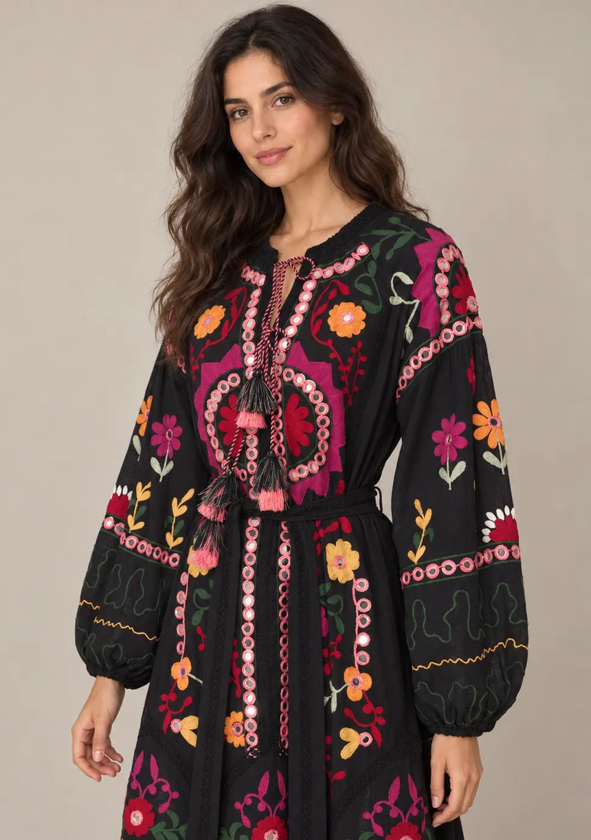ibBanEmbroidered Cotton Maxi Dress with Tassel Tie - Hami