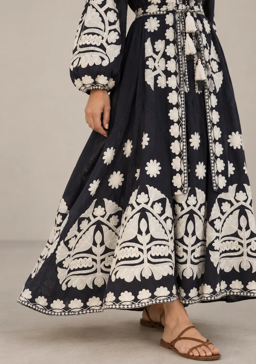 ibBan Floral Print Cotton Maxi Dress with Tassel Tie - Ayat