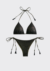 ibBan Women's Boho Printed Triangle Bikini Set | Adjustable Strap | Light Brown, Black & Green | Free Size | Zera