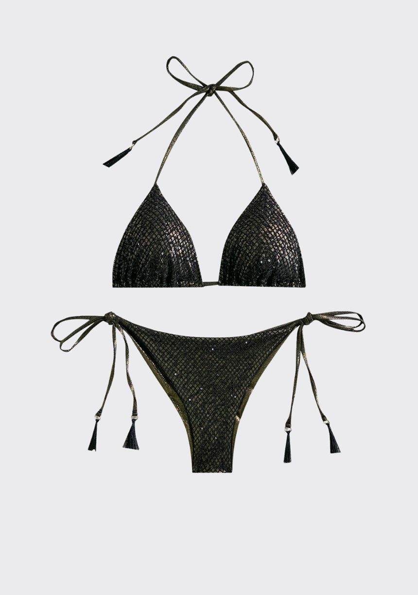 ibBan Women's Boho Printed Triangle Bikini Set | Adjustable Strap | Light Brown, Black & Green | Free Size | Zera
