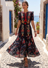 ibBan Hand-Embroidered Cotton Long Dress with Floral Print - Rasha