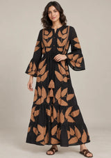 ibBan Leaf Print Cotton Maxi Dress with Tassel Tie - Livia