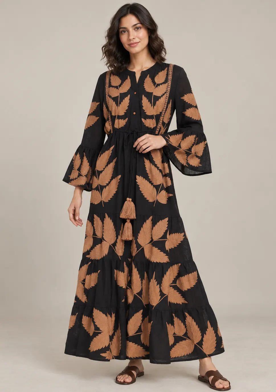 ibBan Leaf Hand Embroidery Cotton Long Tunic - Livia