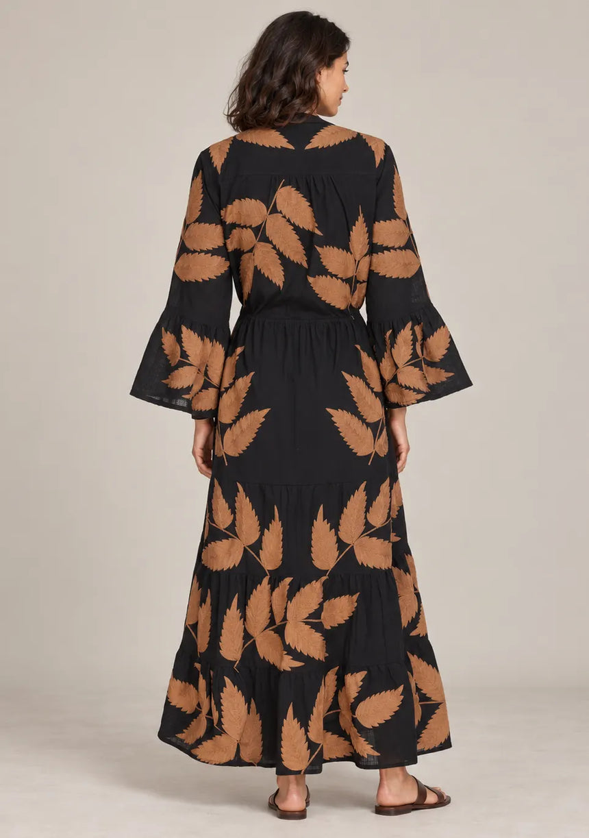 ibBan Leaf Print Cotton Maxi Dress with Tassel Tie - Livia