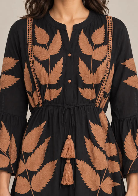 ibBan Leaf Print Cotton Maxi Dress with Tassel Tie - Livia