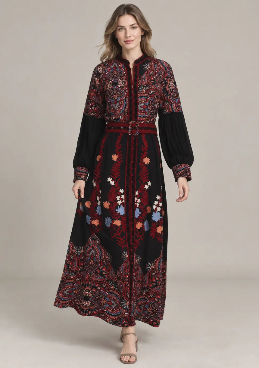 ibBan Cotton Long Dress with Contrast Waist Belt -Minja
