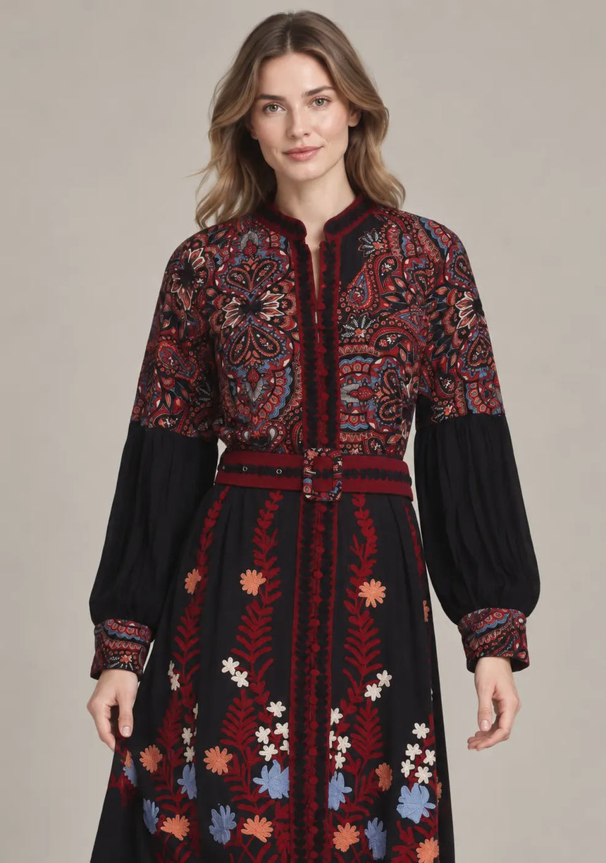 ibBan Cotton Long Dress with Contrast Waist Belt -Minja