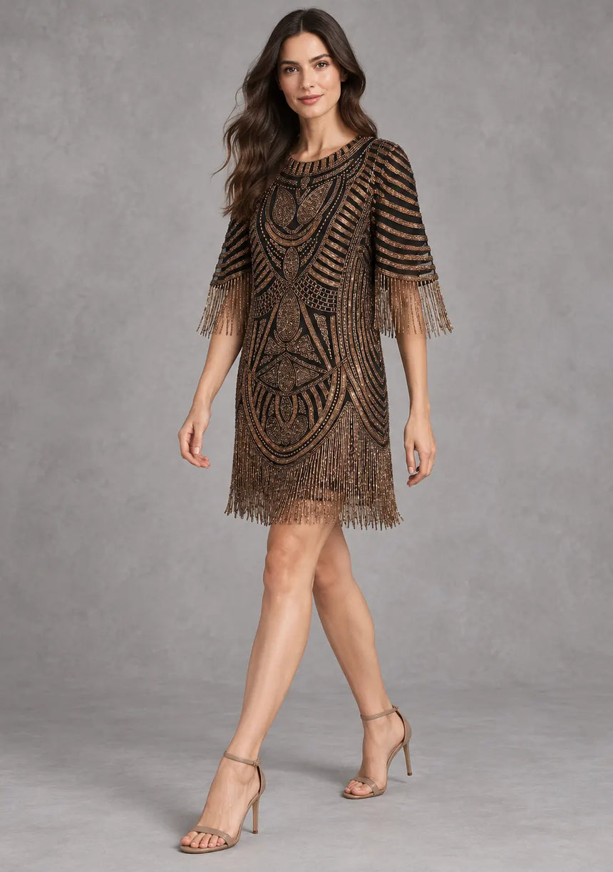 ibBan Party Short Dress with Beadwork & Fringe Sleeves - Esmi