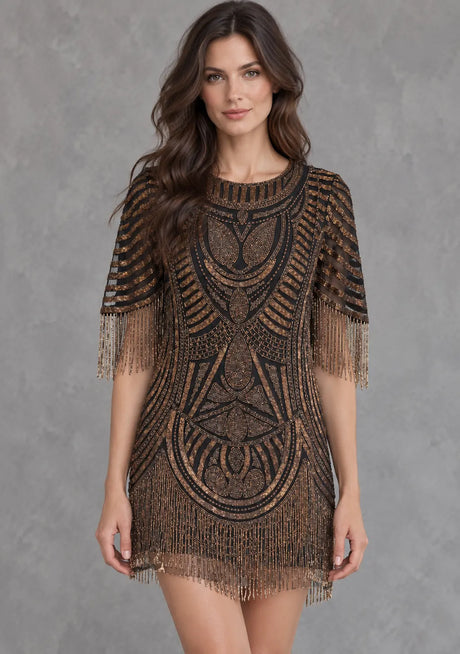 ibBan Party Short Dress with Beadwork & Fringe Sleeves - Esmi